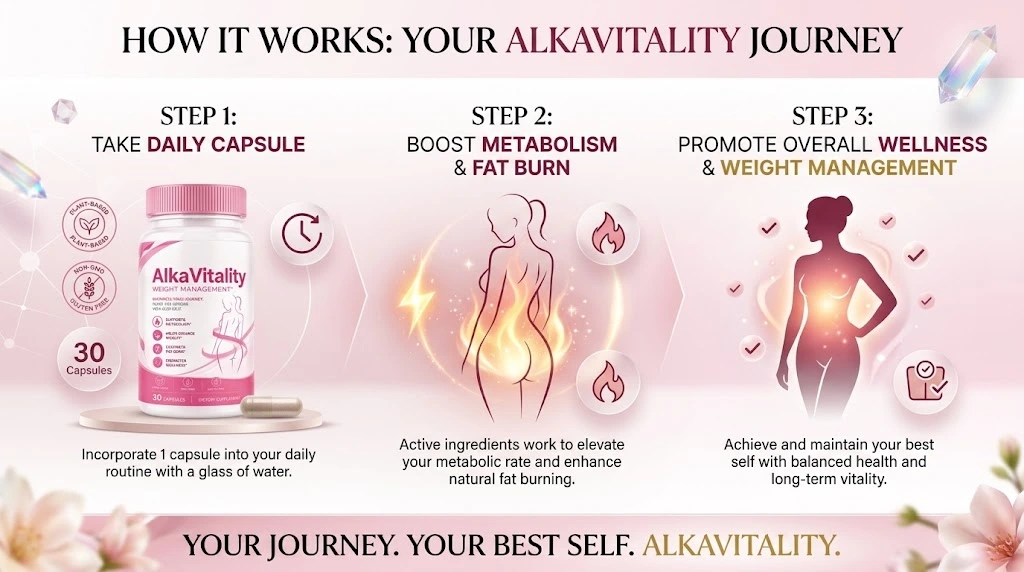 How AlkaVitality works: take daily capsule, boost metabolism and fat burn, promote overall wellness